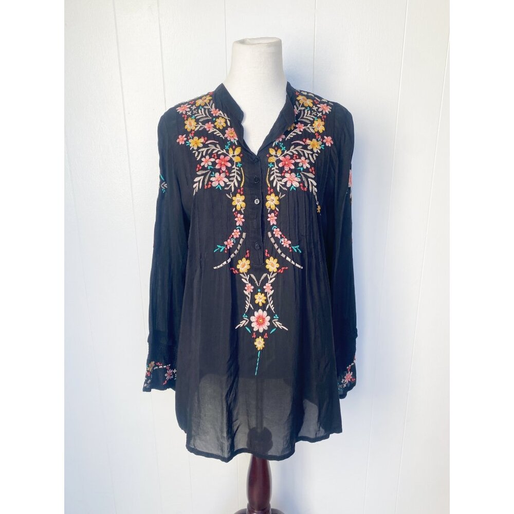 Johnny Was Embroidered Floral Tunic Top Blouse